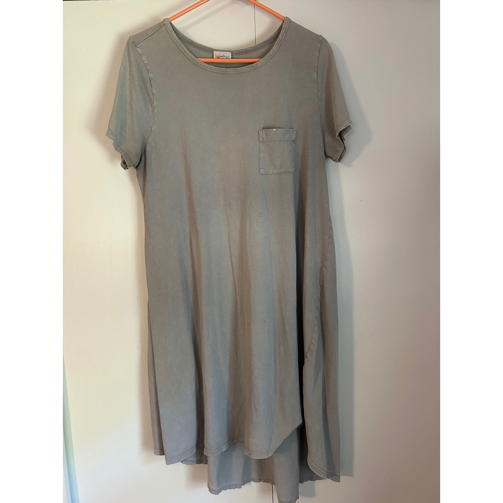 LuLaRoe Carly Dress Womens Medium Gray Green Cotton High Low Pocket Tee Dress